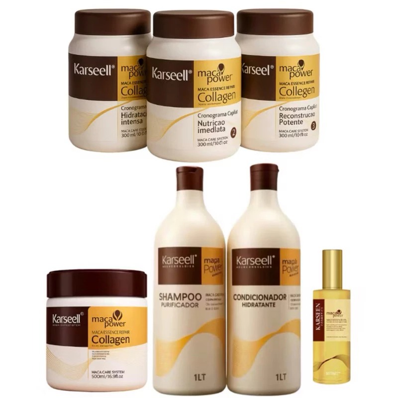 R$74,00➡️Kit Karseell Premium 7 Itens •Trio Cronograama Profissional+ Sham 1L, Cond. 1L, Más 500g e Oleo 50ml