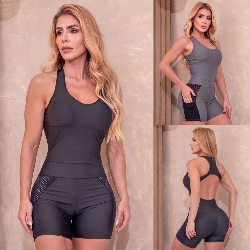Macaquinho Fitness Feminino Empina Bumbum com Recortes em Tela, Bolsos Laterais - Imagem 2