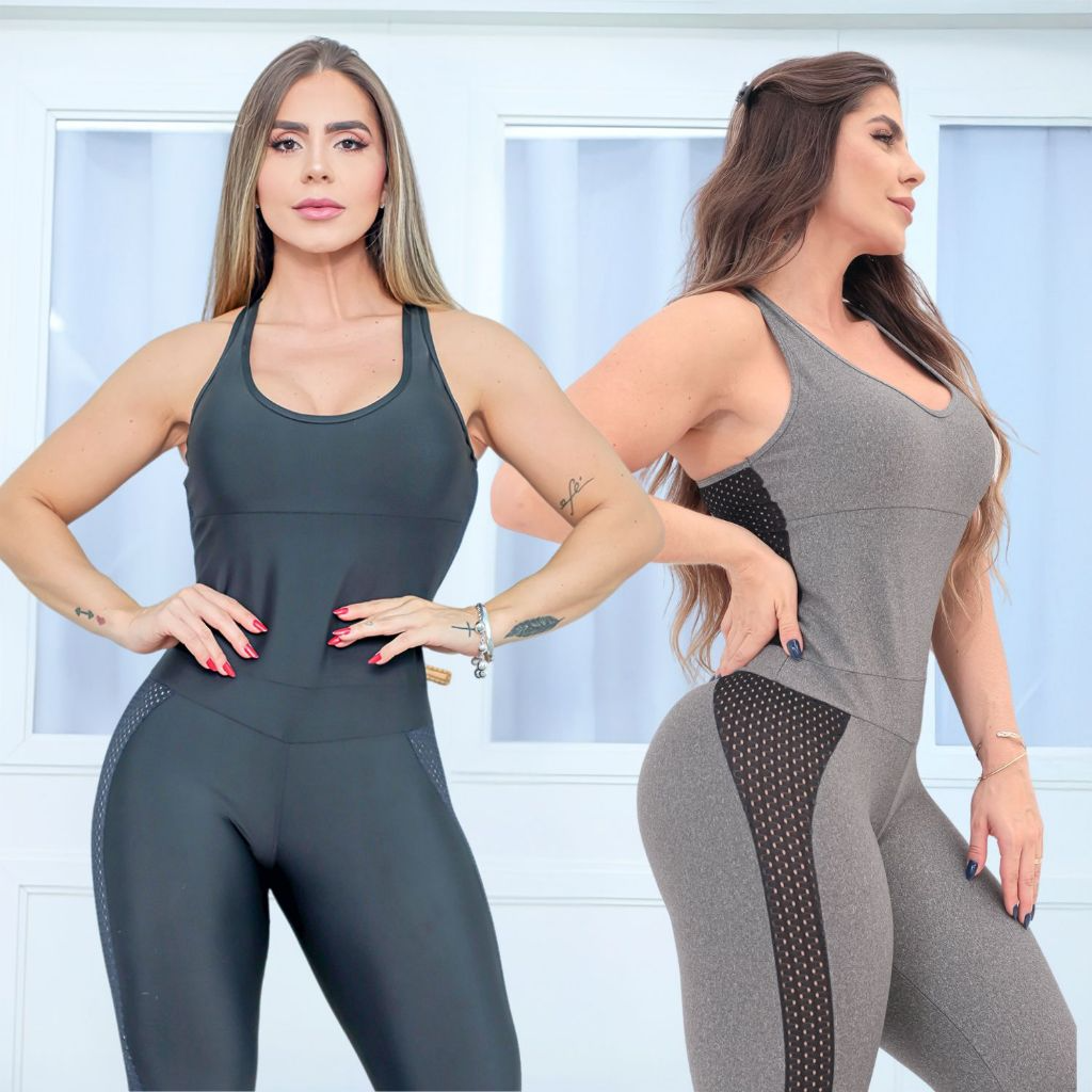 Macacão Fitness Feminino Longo – Decote nas Costas, Recortes em Tela e Bojo Removível