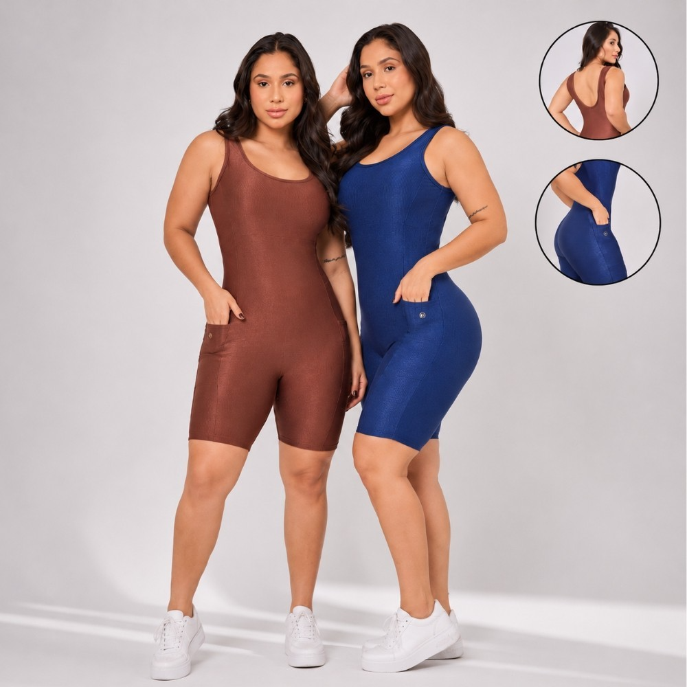 Kit 2 Macaquinhos Fitness Femininos Wonder Canelado com Bolsos – Zero Transparência, Conforto e Estilo Macaquinho Academia
