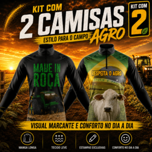 Kit 2 Camisas Agro Masculinas Manga Longa com Proteção UV – Estampas de Trator, Boi, Roça e Agronegócio
