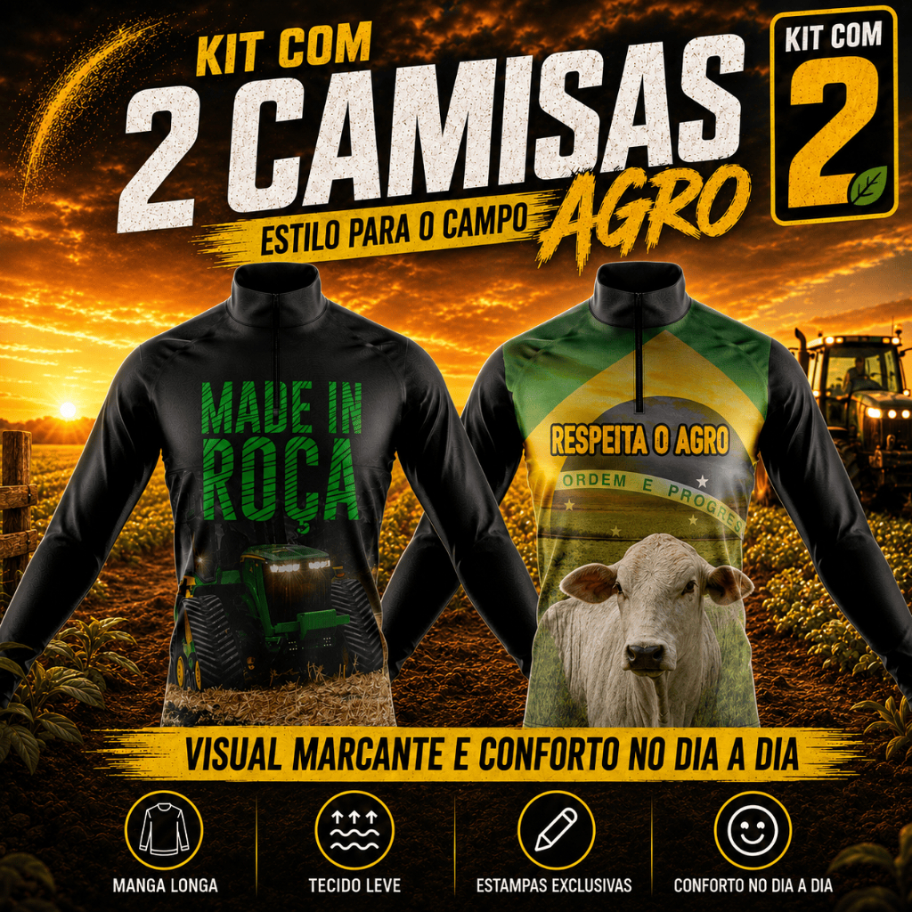 Kit 2 Camisas Agro Masculinas Manga Longa com Proteção UV – Estampas de Trator, Boi, Roça e Agronegócio
