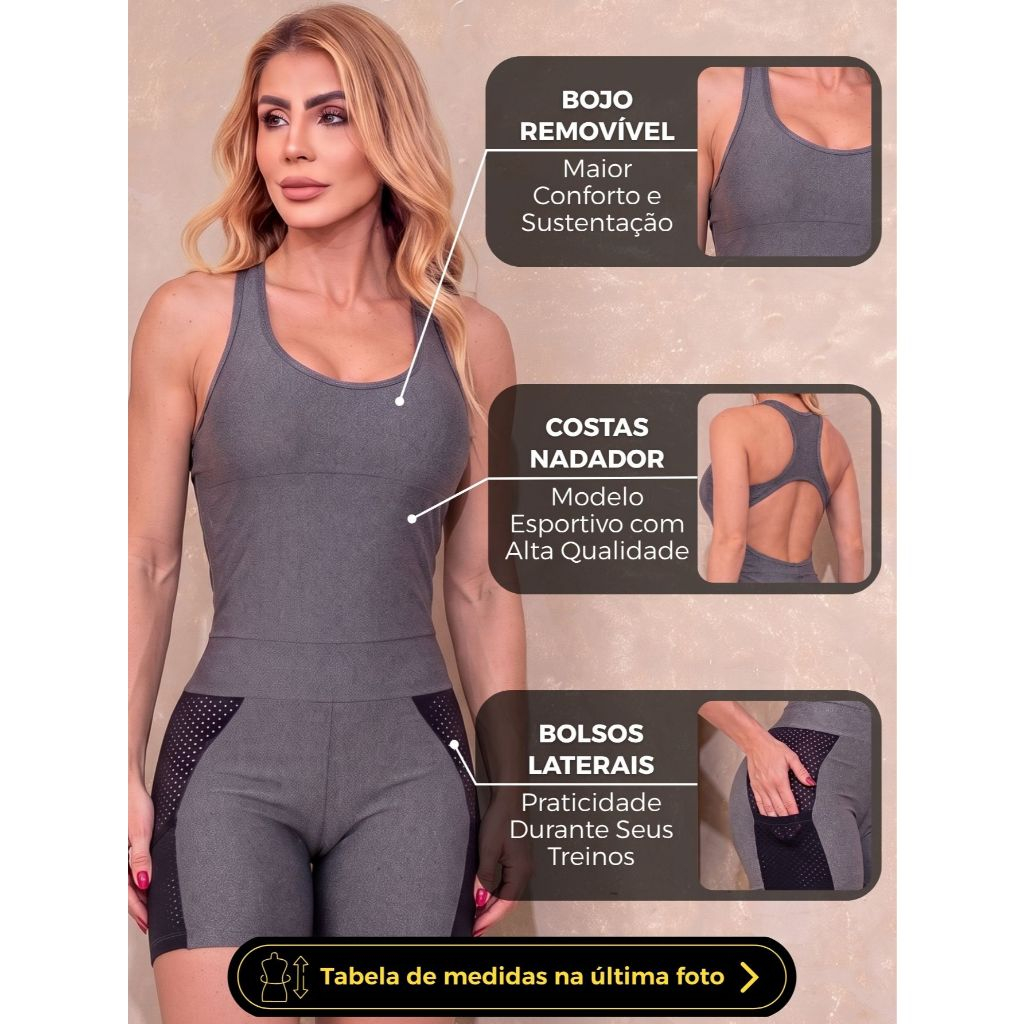 Macaquinho Fitness Feminino Empina Bumbum com Recortes em Tela, Bolsos Laterais