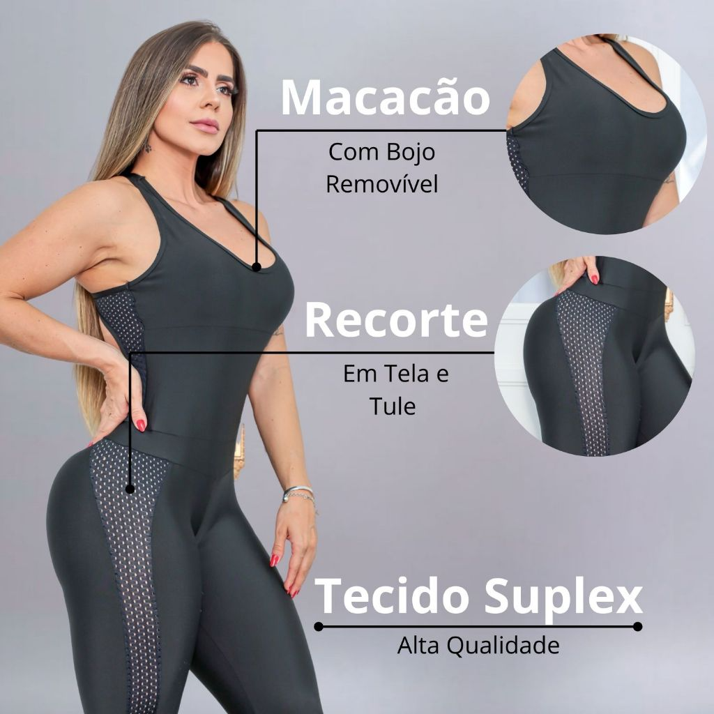 Macacão Fitness Feminino Longo – Decote nas Costas, Recortes em Tela e Bojo Removível - Imagem 2