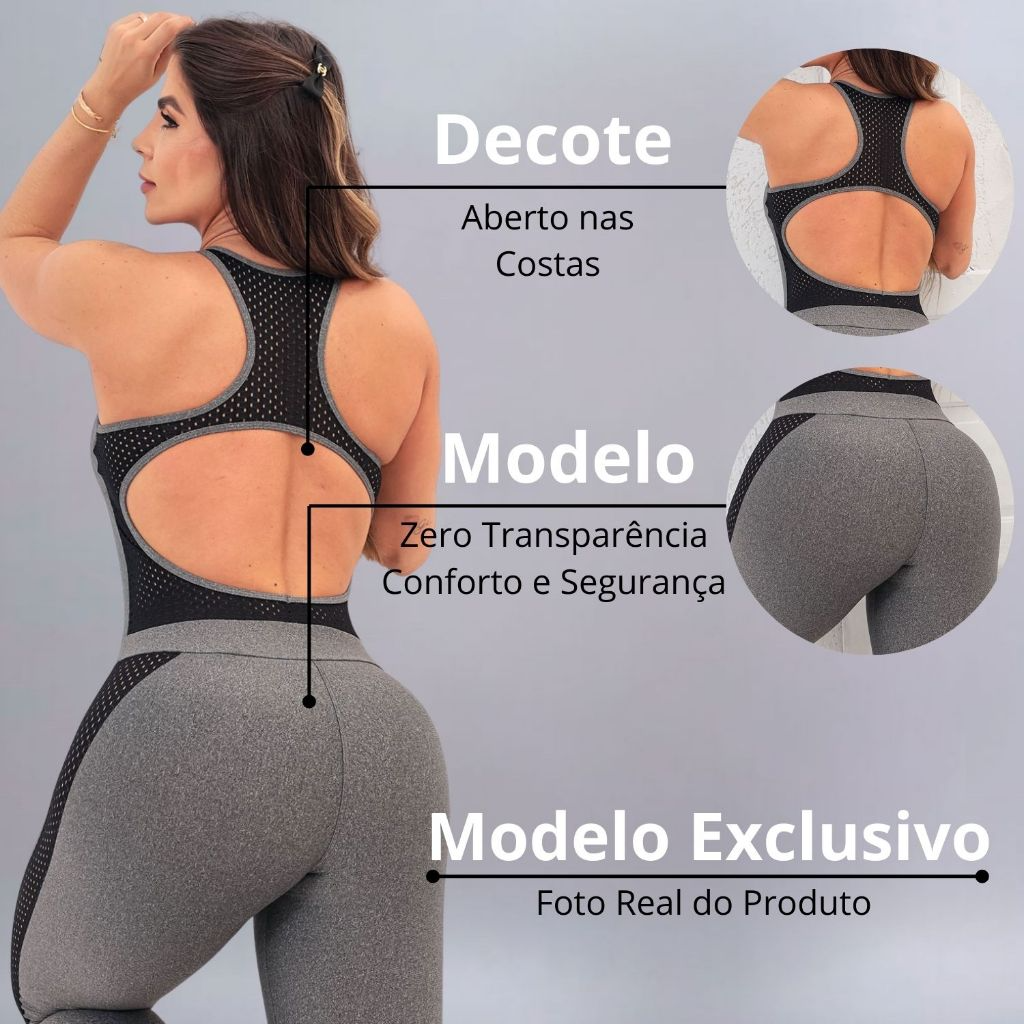 Macacão Fitness Feminino Longo – Decote nas Costas, Recortes em Tela e Bojo Removível - Imagem 3