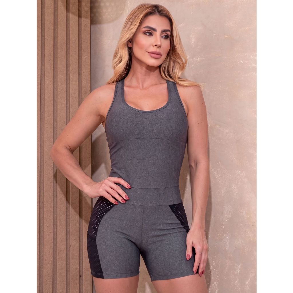 Macaquinho Fitness Feminino Empina Bumbum com Recortes em Tela, Bolsos Laterais - Imagem 6