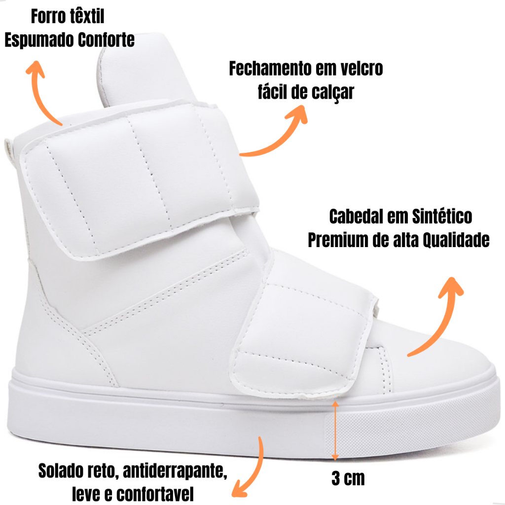 Tênis Botinha Moda Academia Fitness estiloso Fechamento em Velkro Branco - Imagem 6