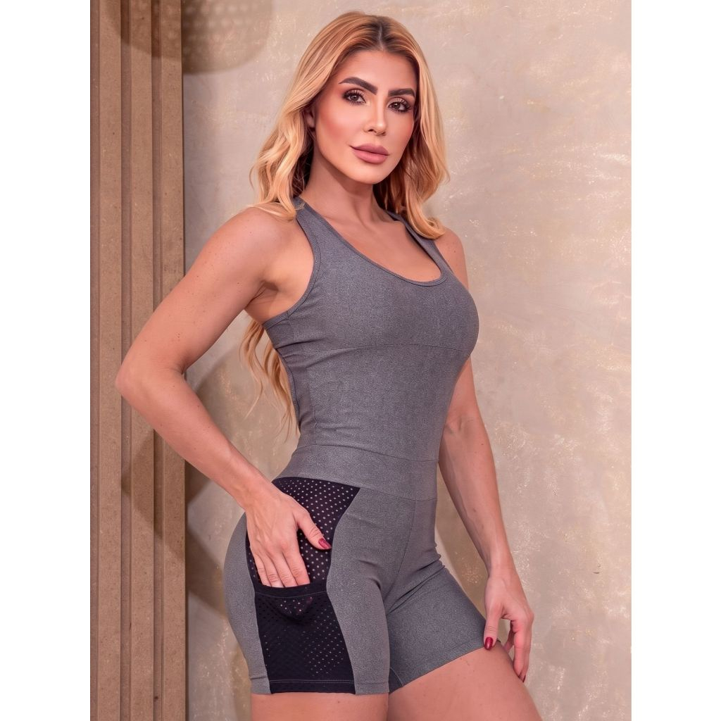 Macaquinho Fitness Feminino Empina Bumbum com Recortes em Tela, Bolsos Laterais - Imagem 8